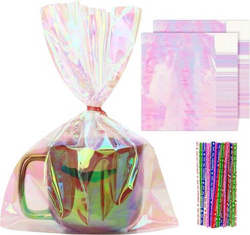 50 PCS Holographic Bags(8x11 Inch) with Colorful Ties, Clear PLastic Iridescent Cellophane Goodie Gift Treat Candy Goody Cookie Bags for Holiday Birthday Baby Shower Party Favors Supplies Decorations in Saudi Arabia