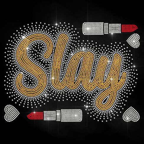 MAYJOYDIY Gold Slay Iron on Rhinestone Decal Love Lipstick Hotfix Transfer Sticker Crystal Fashion Trend Heat Transfer Patch Bling Clothing Repair Applique for T-Shirt Hat Jacket Garment Bag DIY Decor in Saudi Arabia