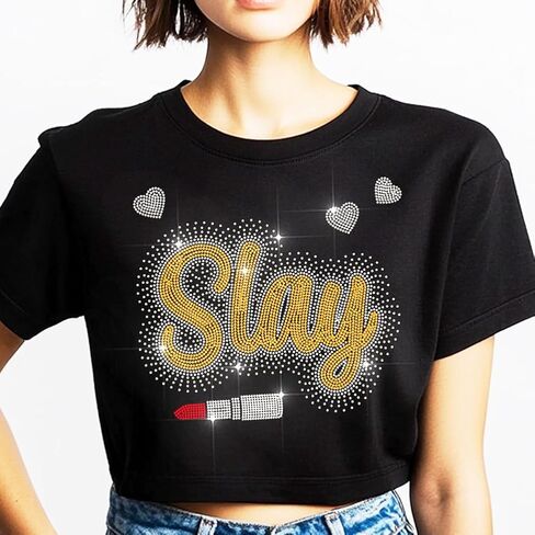 MAYJOYDIY Gold Slay Iron on Rhinestone Decal Love Lipstick Hotfix Transfer Sticker Crystal Fashion Trend Heat Transfer Patch Bling Clothing Repair Applique for T-Shirt Hat Jacket Garment Bag DIY Decor in Saudi Arabia