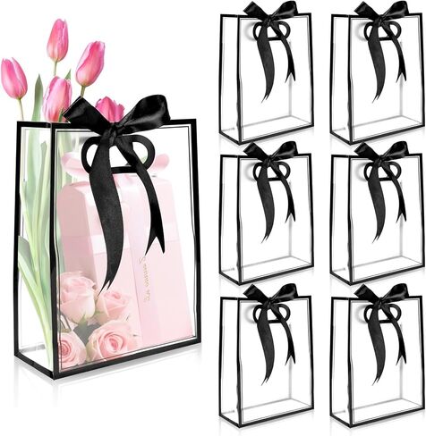 Badenbach 20 PCS أكياس هدايا واضحة مع مقابض قطع يموت ، 7 "× 10" x3.2 "قابلة لإعادة الاستخدام الحفلة الشفافة تفضيل الحقائب مع الشريط ، حقيبة التغليف هدية واضحة لحفل الزفاف العزف عيد ميلاد عيد ميلاد هالوين (أبيض) in Kuwait