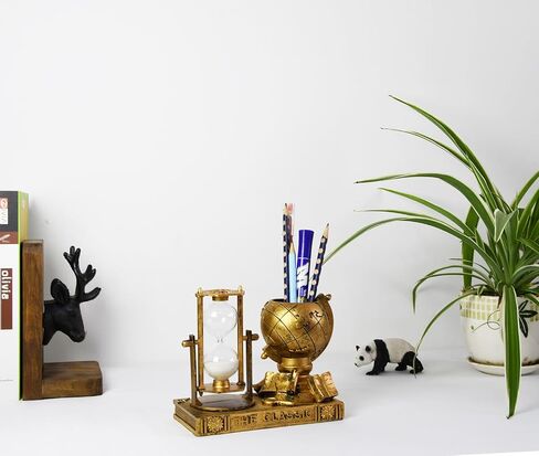 Globe-Themed Pencil Holder with Hourglass, Resin Desktop Organizer for Office & Study, Pen Holder with Sand Timer, Classic Globe Addition Scissors Storage, Artistic Gift for Travel Lovers in Saudi Arabia