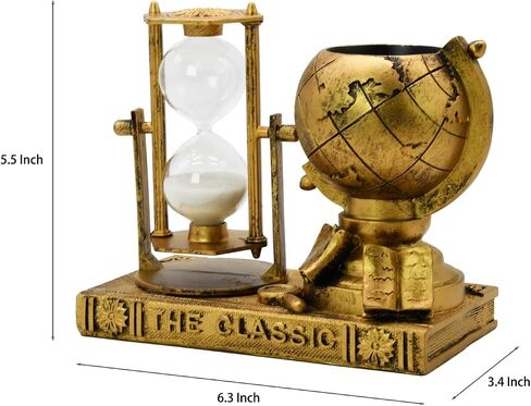 Globe-Themed Pencil Holder with Hourglass, Resin Desktop Organizer for Office & Study, Pen Holder with Sand Timer, Classic Globe Addition Scissors Storage, Artistic Gift for Travel Lovers in Saudi Arabia