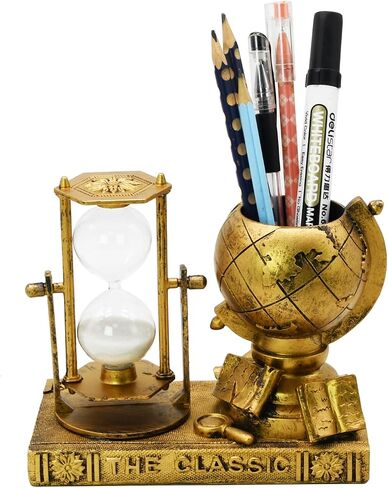 Globe-Themed Pencil Holder with Hourglass, Resin Desktop Organizer for Office & Study, Pen Holder with Sand Timer, Classic Globe Addition Scissors Storage, Artistic Gift for Travel Lovers in Saudi Arabia