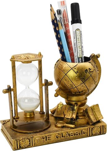 Globe-Themed Pencil Holder with Hourglass, Resin Desktop Organizer for Office & Study, Pen Holder with Sand Timer, Classic Globe Addition Scissors Storage, Artistic Gift for Travel Lovers in Saudi Arabia
