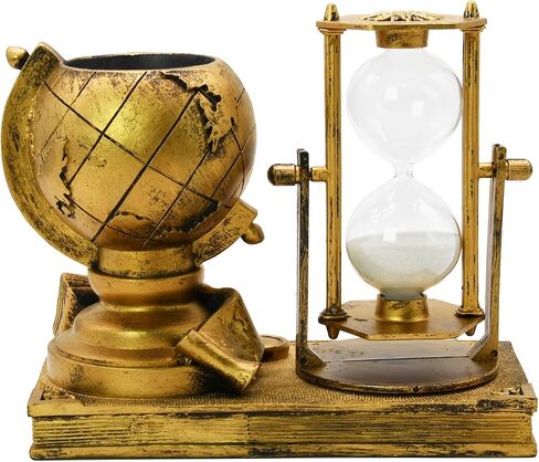 Globe-Themed Pencil Holder with Hourglass, Resin Desktop Organizer for Office & Study, Pen Holder with Sand Timer, Classic Globe Addition Scissors Storage, Artistic Gift for Travel Lovers in Saudi Arabia