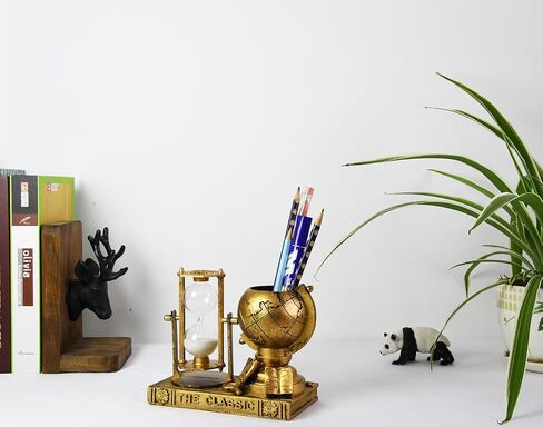 Globe-Themed Pencil Holder with Hourglass, Resin Desktop Organizer for Office & Study, Pen Holder with Sand Timer, Classic Globe Addition Scissors Storage, Artistic Gift for Travel Lovers in Saudi Arabia