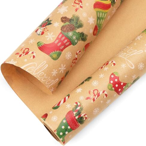 Ribbli Christmas Wrapping Paper Christmas Socks Candy Canes Kraft Wrapping Paper Rolls, Mini Roll-17 Inch x 33 Feet Per roll in Saudi Arabia