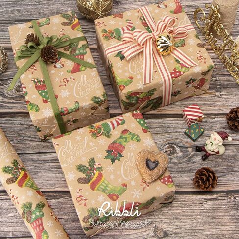 Ribbli Christmas Wrapping Paper Christmas Socks Candy Canes Kraft Wrapping Paper Rolls, Mini Roll-17 Inch x 33 Feet Per roll in Saudi Arabia