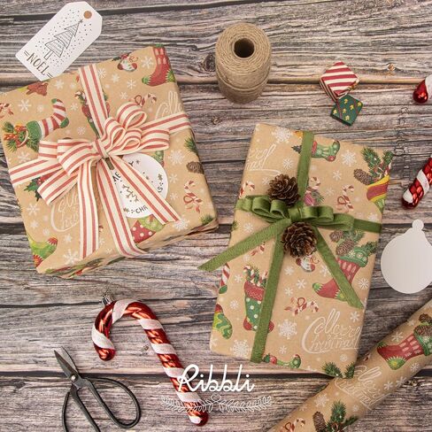Ribbli Christmas Wrapping Paper Christmas Socks Candy Canes Kraft Wrapping Paper Rolls, Mini Roll-17 Inch x 33 Feet Per roll in Saudi Arabia