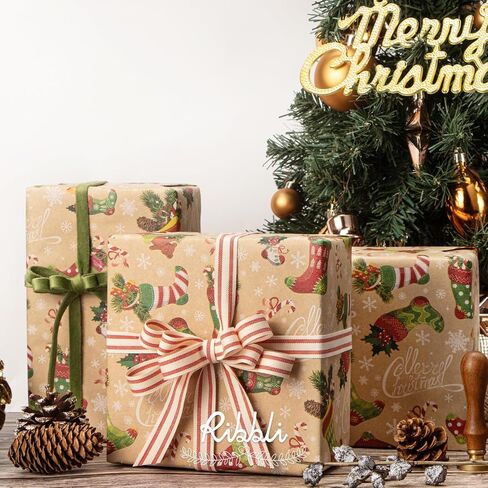 Ribbli Christmas Wrapping Paper Christmas Socks Candy Canes Kraft Wrapping Paper Rolls, Mini Roll-17 Inch x 33 Feet Per roll in Saudi Arabia