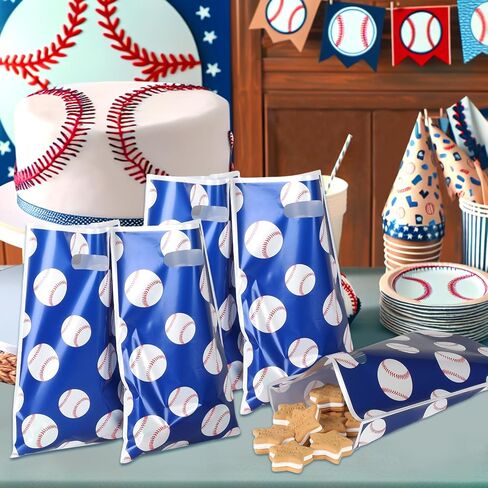 50 Pieces Baseball Party Gift Bags, 8.6x4.7x3.1 inches Plastic Baseball Theme Gift Bags with Handles, for Cookies, Chocolates, Ideal for Baseball Theme Party Decor (Blue baseball theme, 50 pcs) in Saudi Arabia