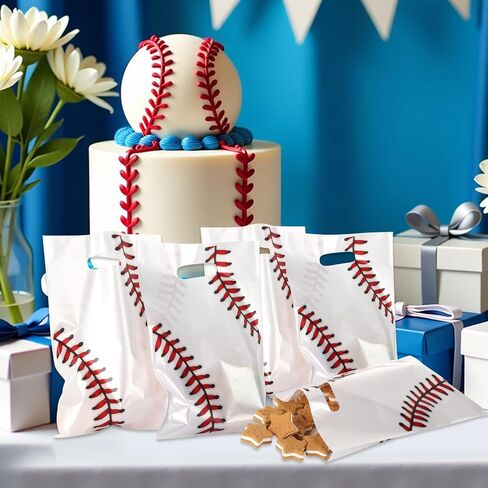 50 Pieces Baseball Party Gift Bags, 8.6x4.7x3.1 inches Plastic Baseball Theme Gift Bags with Handles, for Cookies, Chocolates, Ideal for Baseball Theme Party Decor (Blue baseball theme, 50 pcs) in Kuwait