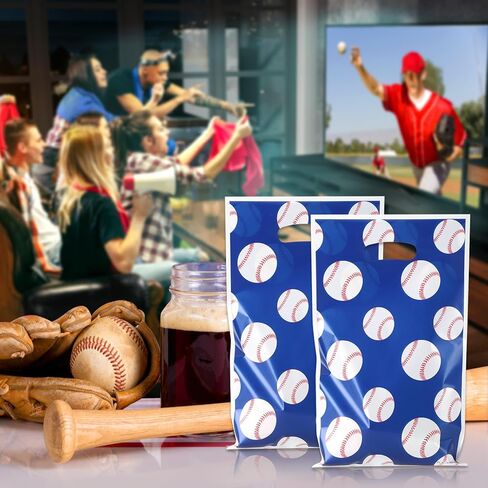 50 Pieces Baseball Party Gift Bags, 8.6x4.7x3.1 inches Plastic Baseball Theme Gift Bags with Handles, for Cookies, Chocolates, Ideal for Baseball Theme Party Decor (Blue baseball theme, 50 pcs) in Saudi Arabia