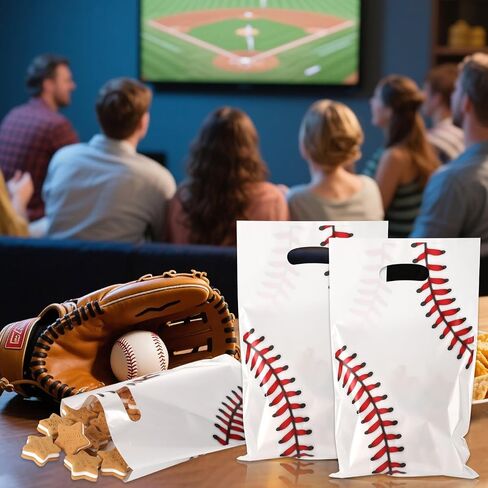 50 Pieces Baseball Party Gift Bags, 8.6x4.7x3.1 inches Plastic Baseball Theme Gift Bags with Handles, for Cookies, Chocolates, Ideal for Baseball Theme Party Decor (Blue baseball theme, 50 pcs) in Kuwait