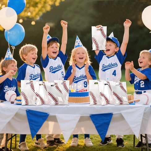 50 Pieces Baseball Party Gift Bags, 8.6x4.7x3.1 inches Plastic Baseball Theme Gift Bags with Handles, for Cookies, Chocolates, Ideal for Baseball Theme Party Decor (Blue baseball theme, 50 pcs) in Kuwait