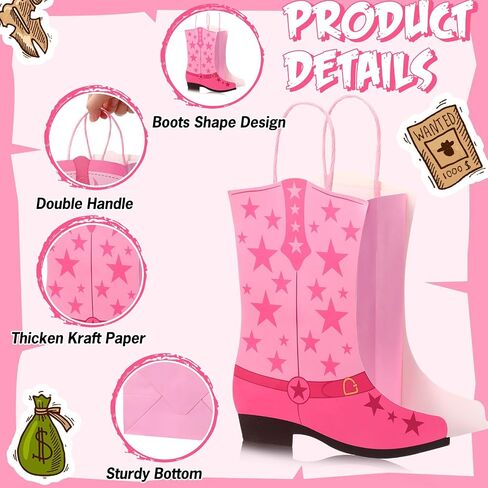Mooliwe 24 Pcs Cowboy Cowgirl Boots Paper Bags Western Theme Party Favors Wild West Girls Kraft Bags Bachelorette Theme Last Rodeo Party Supplies Cowgirl Favors (Pink) in Saudi Arabia