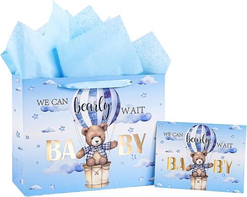 Lezakaa Baby Boy Gift Bag Bear Blue Bear ، وبالون الهواء الساخن ، يمكننا أن ننتظر تصميمًا لتصميم Baby Goil مع ورق الأنسجة وبطاقة تحية للاستحمام الطفل ، والآباء الجدد ، و 13 "× 10" × 5 "، و 1 PCS in Saudi Arabia