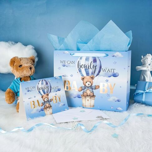 Lezakaa Baby Boy Gift Bag Bear Blue Bear ، وبالون الهواء الساخن ، يمكننا أن ننتظر تصميمًا لتصميم Baby Goil مع ورق الأنسجة وبطاقة تحية للاستحمام الطفل ، والآباء الجدد ، و 13 "× 10" × 5 "، و 1 PCS in Saudi Arabia