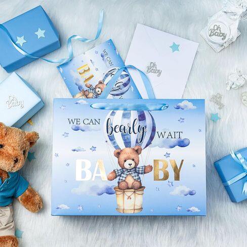 Lezakaa Baby Boy Gift Bag Bear Blue Bear ، وبالون الهواء الساخن ، يمكننا أن ننتظر تصميمًا لتصميم Baby Goil مع ورق الأنسجة وبطاقة تحية للاستحمام الطفل ، والآباء الجدد ، و 13 "× 10" × 5 "، و 1 PCS in Saudi Arabia