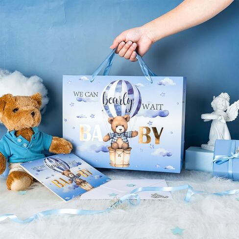 Lezakaa Baby Boy Gift Bag Bear Blue Bear ، وبالون الهواء الساخن ، يمكننا أن ننتظر تصميمًا لتصميم Baby Goil مع ورق الأنسجة وبطاقة تحية للاستحمام الطفل ، والآباء الجدد ، و 13 "× 10" × 5 "، و 1 PCS in Saudi Arabia