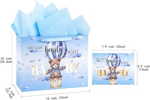 Lezakaa Baby Boy Gift Bag Bear Blue Bear ، وبالون الهواء الساخن ، يمكننا أن ننتظر تصميمًا لتصميم Baby Goil مع ورق الأنسجة وبطاقة تحية للاستحمام الطفل ، والآباء الجدد ، و 13 "× 10" × 5 "، و 1 PCS in Saudi Arabia