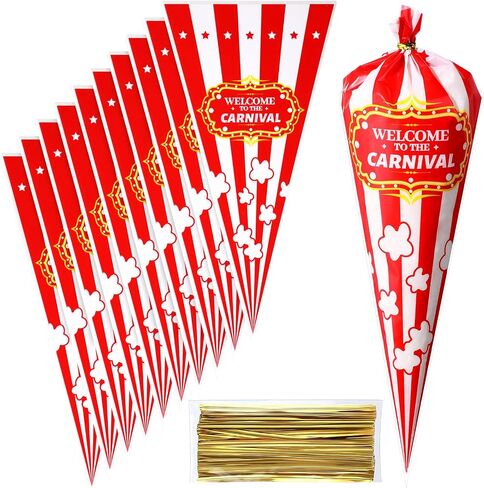 120 Pcs Carnival Candy Bags Carnival Party Decorations Red White Circus Cone Popcorn Bags with Gold Twisted Ties for Party Favor Supplies Candy Cookie Wrapping in Saudi Arabia