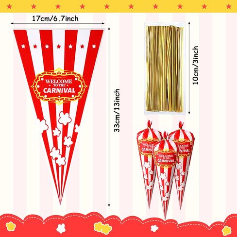 120 Pcs Carnival Candy Bags Carnival Party Decorations Red White Circus Cone Popcorn Bags with Gold Twisted Ties for Party Favor Supplies Candy Cookie Wrapping in Saudi Arabia