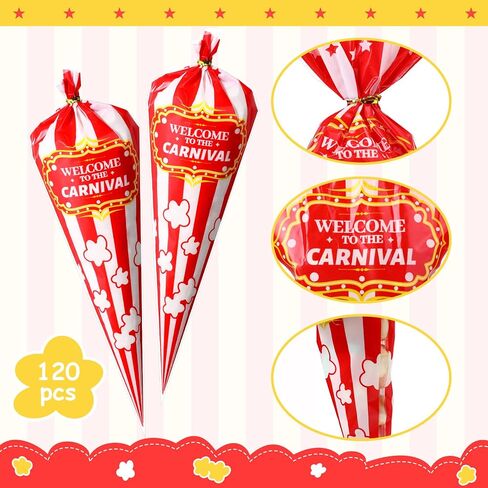 120 Pcs Carnival Candy Bags Carnival Party Decorations Red White Circus Cone Popcorn Bags with Gold Twisted Ties for Party Favor Supplies Candy Cookie Wrapping in Saudi Arabia