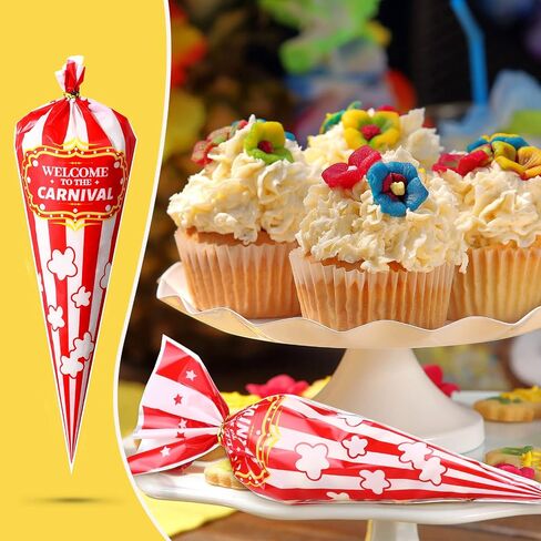 120 Pcs Carnival Candy Bags Carnival Party Decorations Red White Circus Cone Popcorn Bags with Gold Twisted Ties for Party Favor Supplies Candy Cookie Wrapping in Saudi Arabia