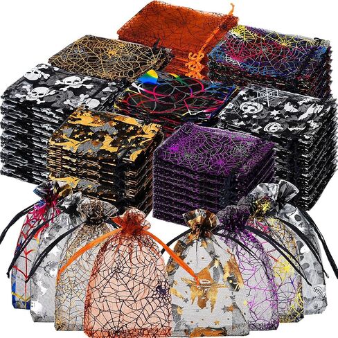 Fulmoon 400 Pcs Halloween Organza Bags 4 x 6 Inches Spider Web Print Halloween Drawstring Small Gift Bags for Trick or Treat Party Favor Gift Candy Snacks Jewelry in Saudi Arabia
