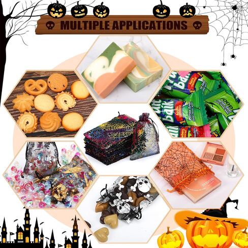Fulmoon 400 Pcs Halloween Organza Bags 4 x 6 Inches Spider Web Print Halloween Drawstring Small Gift Bags for Trick or Treat Party Favor Gift Candy Snacks Jewelry in Saudi Arabia