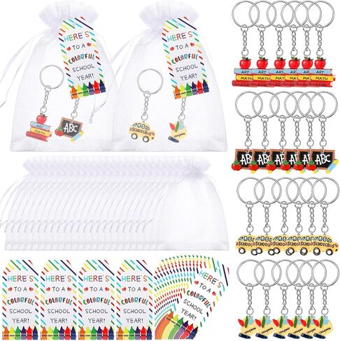 72 PCS 24 تعود إلى الهدايا المدرسية للطلاب ، اليوم الأول من هدايا المدارس للطلاب مجموعة مفاتيح مع العلامات وأكياس الأورجانزا لصالح حفلات الفصول الدراسية جودي كيس كيس in Saudi Arabia