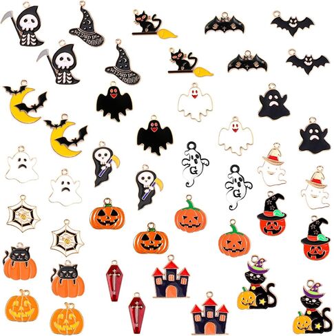 44pcs قلادة هالوين ، سحر DIY Black Cat Bats Ghost Pumpkin Patterns Multi-Color Monamel Charms for Jewelry Making Occy in Saudi Arabia