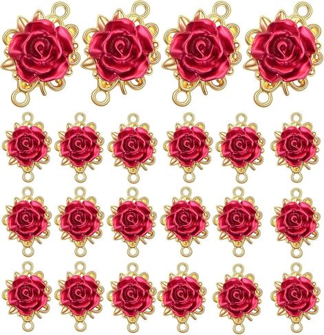 20pcs KC Golden Plated Red Rose Charms Connectors Alloy Lovely 3D Roseflower Shape Dangle Pendants with Double Holes for DIY Necklaces Earrings Jewelry Making Valentine's Gifts in Saudi Arabia