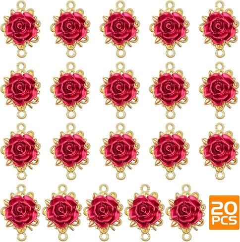 20pcs KC Golden Plated Red Rose Charms Connectors Alloy Lovely 3D Roseflower Shape Dangle Pendants with Double Holes for DIY Necklaces Earrings Jewelry Making Valentine's Gifts in Saudi Arabia