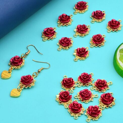 20pcs KC Golden Plated Red Rose Charms Connectors Alloy Lovely 3D Roseflower Shape Dangle Pendants with Double Holes for DIY Necklaces Earrings Jewelry Making Valentine's Gifts in Saudi Arabia