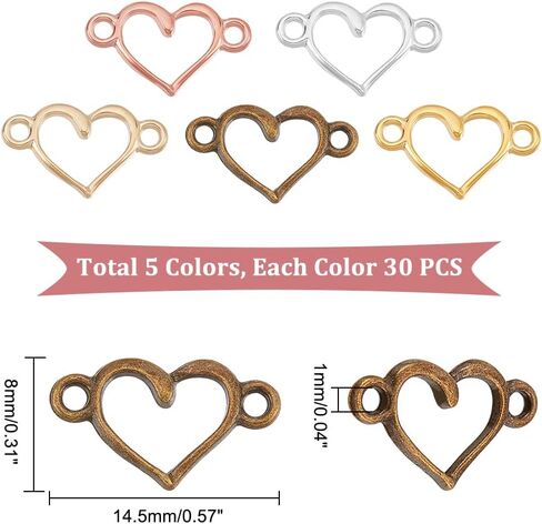ADHANDMAKER 150 PCS HEART FASE CONCRMS ، 5 ​​سحر ربط قلب من سبائك القلب مع حلقات مزدوجة ، معلقات موصل جوف in Saudi Arabia