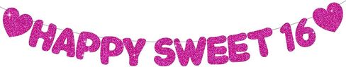 Glitter Black Happy Sweet 16 Banner ، No DIY ، ديكورات حفلة عيد ميلاد السادس عشر ما قبل الإشارة إلى الحفلات السادسة عشرة. in Kuwait