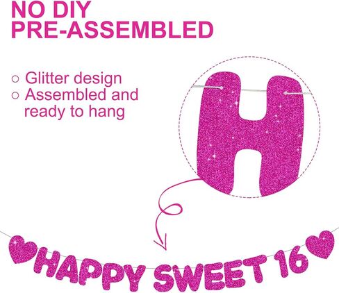 Glitter Black Happy Sweet 16 Banner ، No DIY ، ديكورات حفلة عيد ميلاد السادس عشر ما قبل الإشارة إلى الحفلات السادسة عشرة. in Kuwait