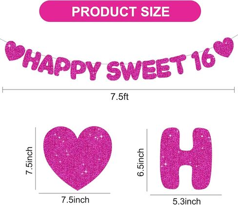 Glitter Black Happy Sweet 16 Banner ، No DIY ، ديكورات حفلة عيد ميلاد السادس عشر ما قبل الإشارة إلى الحفلات السادسة عشرة. in Kuwait
