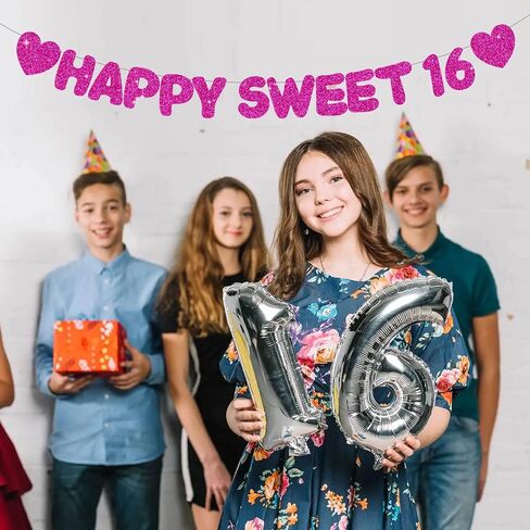 Glitter Black Happy Sweet 16 Banner ، No DIY ، ديكورات حفلة عيد ميلاد السادس عشر ما قبل الإشارة إلى الحفلات السادسة عشرة. in Kuwait