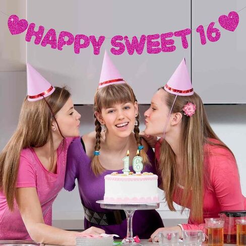 Glitter Black Happy Sweet 16 Banner ، No DIY ، ديكورات حفلة عيد ميلاد السادس عشر ما قبل الإشارة إلى الحفلات السادسة عشرة. in Kuwait