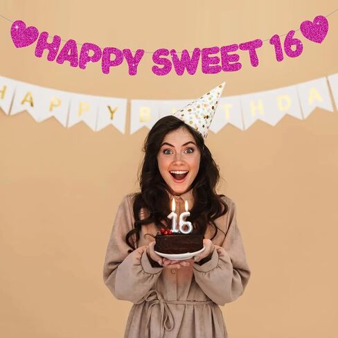Glitter Black Happy Sweet 16 Banner ، No DIY ، ديكورات حفلة عيد ميلاد السادس عشر ما قبل الإشارة إلى الحفلات السادسة عشرة. in Kuwait