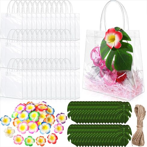 Wesnoy 24 Set Hawaiian Tropical Gift Bags Bulk Luau Party Bachelorette Clear Gift Goodie Bag with Handle, Artificial Palm Leaves Hibiscus Flower, Hawaiian Party Favor for Wedding Bridesmaid Supplies in Saudi Arabia