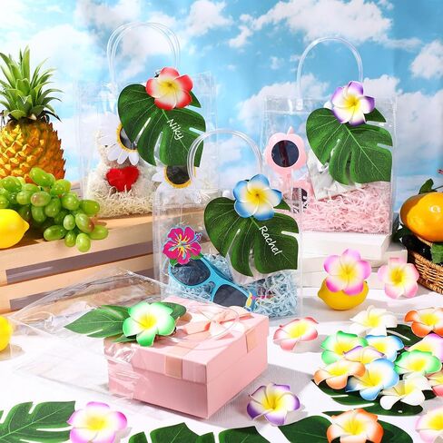 Wesnoy 24 Set Hawaiian Tropical Gift Bags Bulk Luau Party Bachelorette Clear Gift Goodie Bag with Handle, Artificial Palm Leaves Hibiscus Flower, Hawaiian Party Favor for Wedding Bridesmaid Supplies in Saudi Arabia
