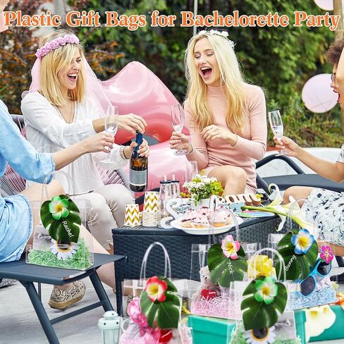 Wesnoy 24 Set Hawaiian Tropical Gift Bags Bulk Luau Party Bachelorette Clear Gift Goodie Bag with Handle, Artificial Palm Leaves Hibiscus Flower, Hawaiian Party Favor for Wedding Bridesmaid Supplies in Saudi Arabia
