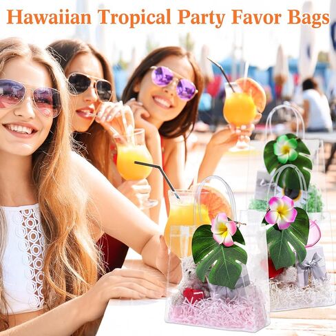 Wesnoy 24 Set Hawaiian Tropical Gift Bags Bulk Luau Party Bachelorette Clear Gift Goodie Bag with Handle, Artificial Palm Leaves Hibiscus Flower, Hawaiian Party Favor for Wedding Bridesmaid Supplies in Saudi Arabia