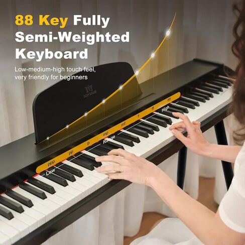 MUSTAR بيانو رقمي 88 مفتاحًا شبه مرجح للمبتدئين، 88 مفتاحًا بيانو لوحة مفاتيح مرجحة مع حامل، لوحة مفاتيح بيانو كهربائية كاملة الحجم 88 مفتاحًا، 129 صوتًا، حافظة، دواسة مستدامة، USB MIDI، أسود in Kuwait