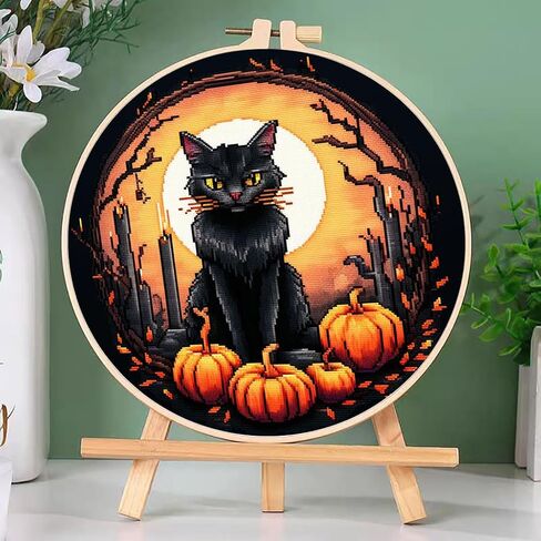 DIY Cross Stitch Kits Black Cat Halloween سهلة للمبتدئين مع Hoop 11ct Needlepoint Embroidery counted Cross Stitch Set Craft Wall Decor 20x20cm (2) in Saudi Arabia