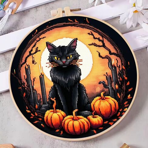 DIY Cross Stitch Kits Black Cat Halloween سهلة للمبتدئين مع Hoop 11ct Needlepoint Embroidery counted Cross Stitch Set Craft Wall Decor 20x20cm (2) in Saudi Arabia